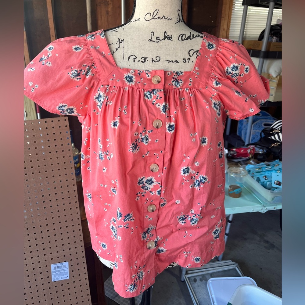 Pink Floral Square Neck Ruffle Sleeve Button Down Blouse